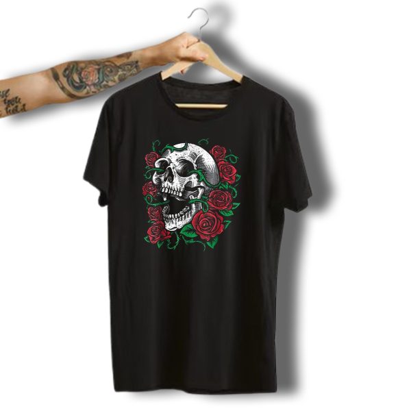 Halloween Skull Rose Skeleton With Red Roses And Green Vines T Shirt 1 t shirt 1