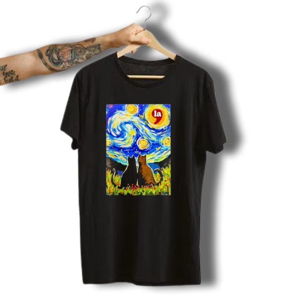 Halloween Starry Night Black Cat Van Gogh Style La Comma T Shirt t shirt 1