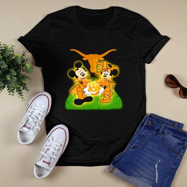 Halloween Texas Longhorns Mickey and Minnie Pumpkin Duo T Shirt Style 1 Black 1