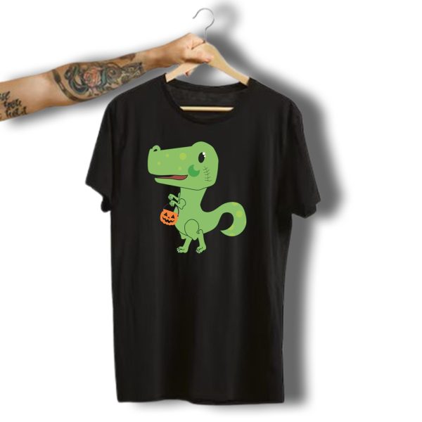 Halloween Trex Dinosaur Holding Pumpkin Basket T Shirt t shirt 1
