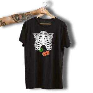 Halloween Trick O Treat Skeleton Ribcage With Green And Orange Donuts T-Shirt