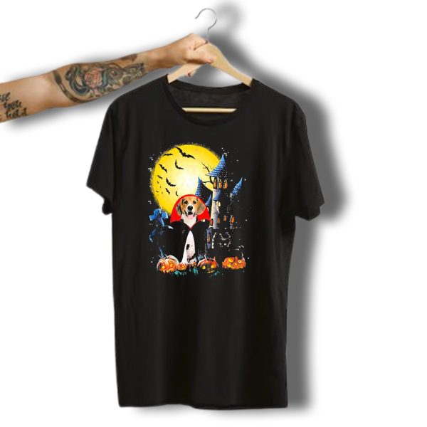 Halloween Vampire Beagle With Haunted Castle And Pumpkin Patch T Shirt t shirt 1