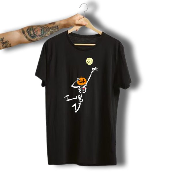 Halloween Volleyball Skeleton With Pumpkin Head Spiking Ball T Shirt t shirt 1