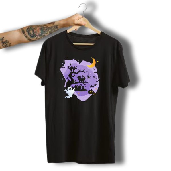 Halloween White Ghost Pumpkin Light Bat Black Cat Tombstone Crescent Moon Spider T Shirt t shirt 1 1