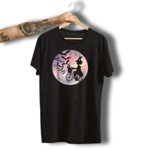 Halloween Witch Cycling With Cat And Bats In Moonlight T-Shirt