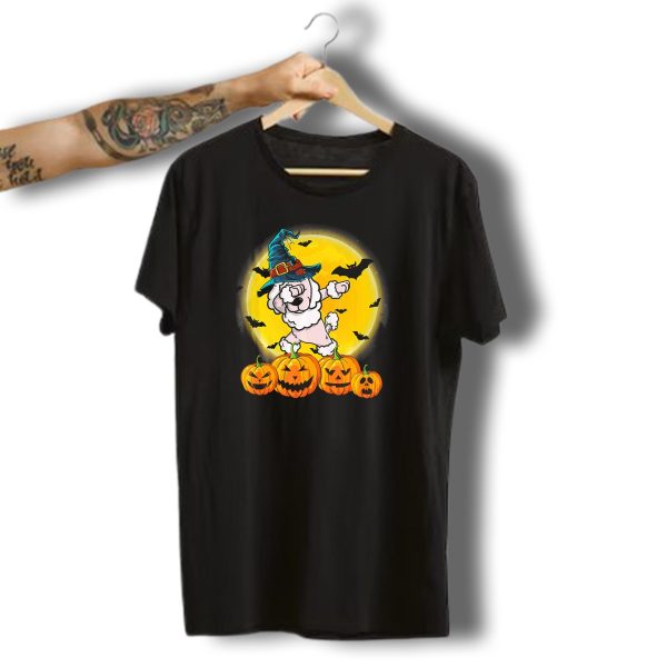 Halloween Witch Hat Poodle Dabbing With Pumpkins And Bats Moon Background T Shirt t shirt 1
