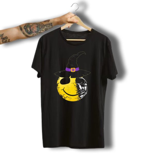 Halloween Witch Hat Smiley Half Skull Face T Shirt 1 t shirt 1