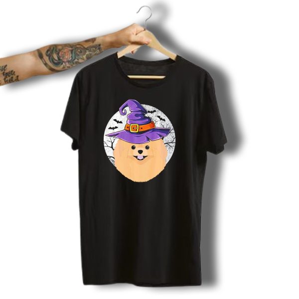 Halloween Witch Pomeranian Dog Head With Purple Hat And Moon Background T Shirt 1 t shirt 1