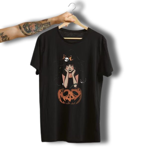 Halloween Witch With Skull Hat And Jack O Lantern T Shirt 1 t shirt 1