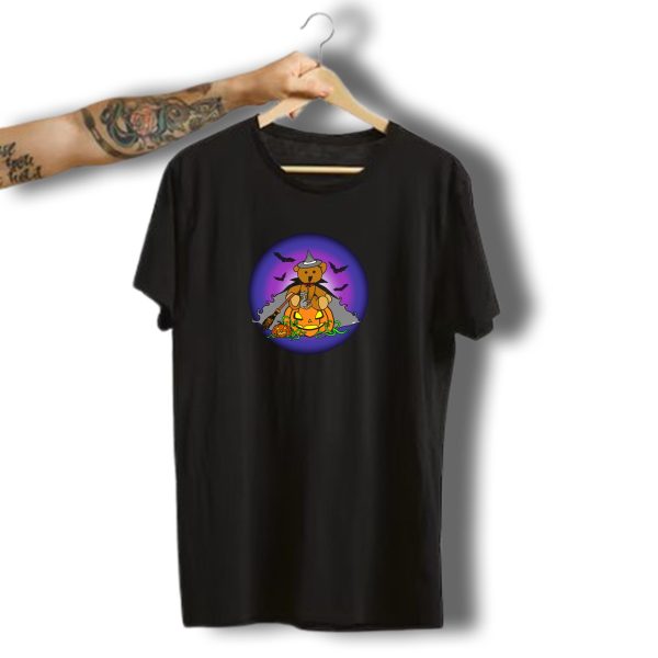 Halloween Witchy Bear On Pumpkin With Bats And Witch Hat T Shirt t shirt 1