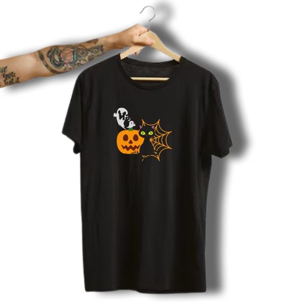 Halloween With My Cat Funny Cat Kitty Pumpkin Ghost Spiderweb T Shirt t shirt 1 1