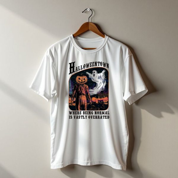 Halloweentown Pumpkin Head And Ghost With Black Cat Where Being Normal Is Vastly Overrated T Shirt t shirt 1