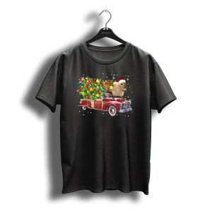 Hamster Wearing Santa Hat Riding Red Vintage Truck With Christmas Tree And T-Shirt