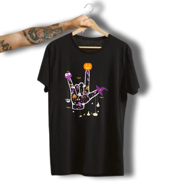 Hand Asl Witch Halloween Sign Language Pride Deaf Pumpkin T Shirt t shirt 1