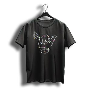 Hang Loose Christmas Shaka Sign With Santa Hat And Holiday Lights T-Shirt