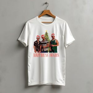 Happiness Begins Santa Trio With Christmas Tree T-Shirt