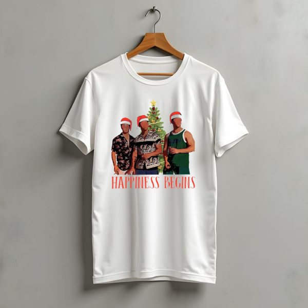 Happiness Begins Santa Trio With Christmas Tree T Shirt t shirt 1