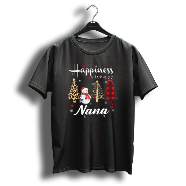 Happiness Is Being A Nana Funny Snowman With Leopard And Checkered Christmas Trees T Shirt 1 t shirt 1