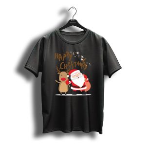 Happy Christmas Santa Claus And Reindeer With Stars T-Shirt