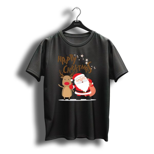 Happy Christmas Santa Claus And Reindeer With Stars T Shirt t shirt 1