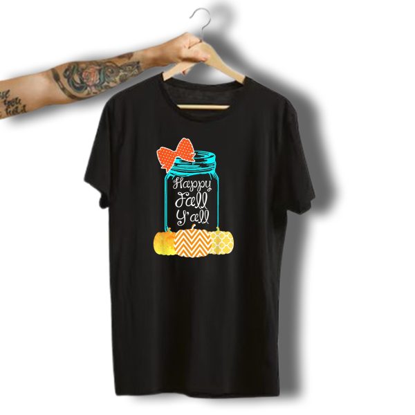 Happy Fall YAll Cute Halloween Autumn With Patterned Pumpkins And Bow Jar T Shirt t shirt 1