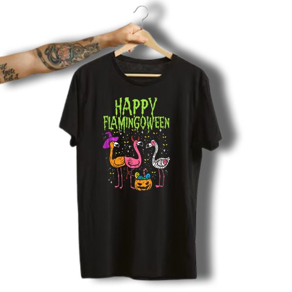 Happy Flamingoween Witch Devil Mummy Flamingo Halloween Pumpkin Candy T Shirt t shirt 1