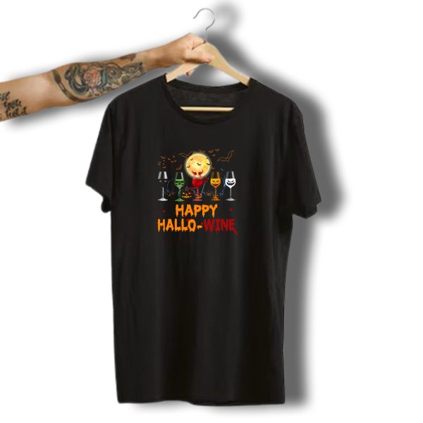 Happy Hallo Wine Funny Halloween Glasses With Pumpkins And Full Moon T Shirt t shirt 1