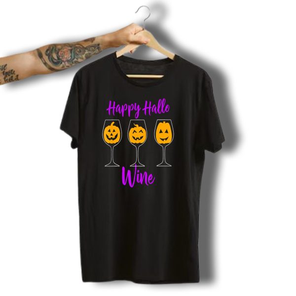 Happy Hallo Wine Funny Halloween Pumpkins In Wine Glasses T Shirt t shirt 1