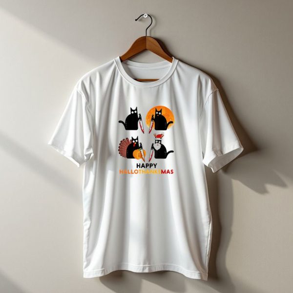 Happy Hallothanksmas Black Cat Halloween Thanksgiving Christmas T Shirt t shirt 1
