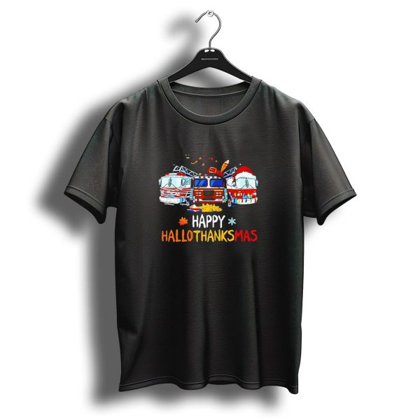 Happy Hallothanksmas Firefighter Truck Halloween Thanksgiving Christmas T Shirt 1 t shirt 1