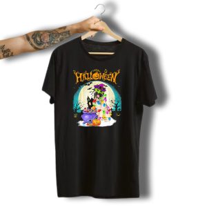 Happy Halloween Akita Witch Dog With Candy And Moonlit Scene T-Shirt