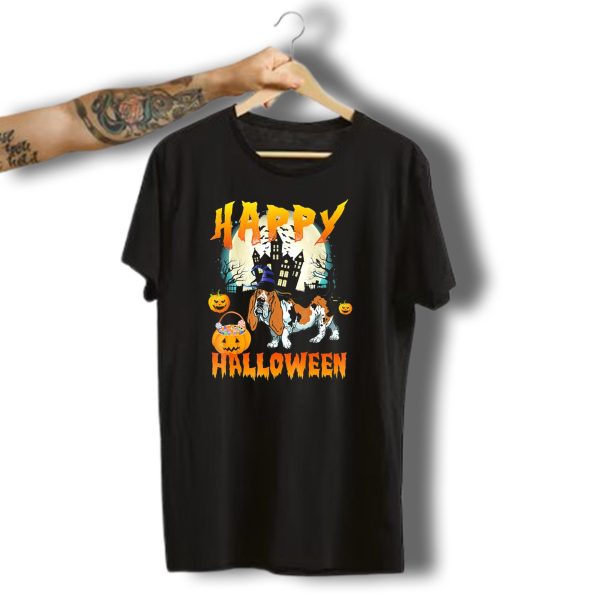 Happy Halloween Basset Hound Haunted House Pumpkins T Shirt t shirt 1
