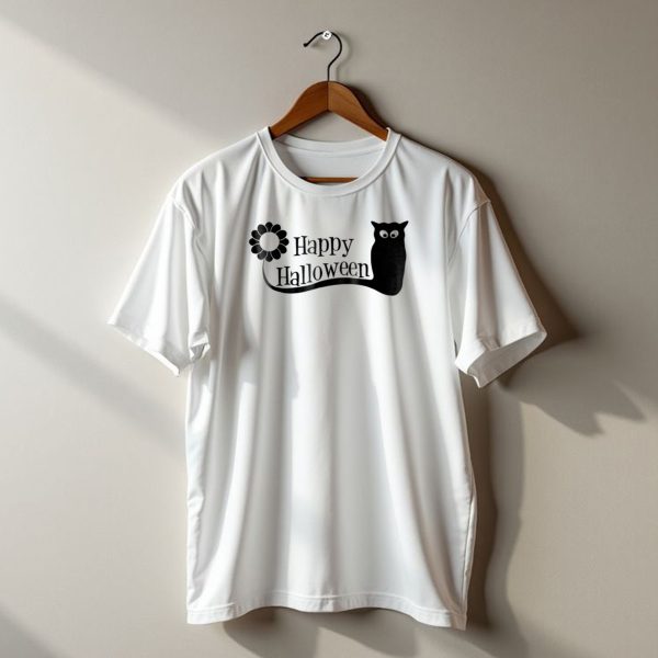 Happy Halloween Black Cat Flower Silhouette Spooky Eyes T Shirt t shirt 1
