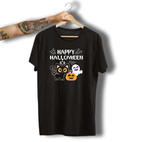 Happy Halloween Black Cat Pumpkin Bat Ghost Spider Webs T Shirt t shirt 1 1