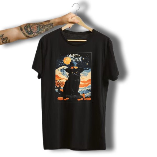 Happy Halloween Black Cat Witch With Pumpkins And Night Sky T Shirt t shirt 1