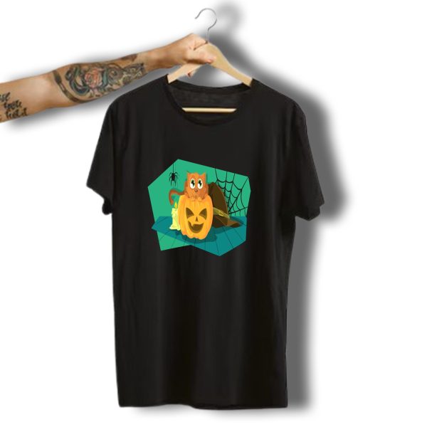 Happy Halloween Cat Atop Pumpkin With Candle And Spider Web T Shirt t shirt 1 1