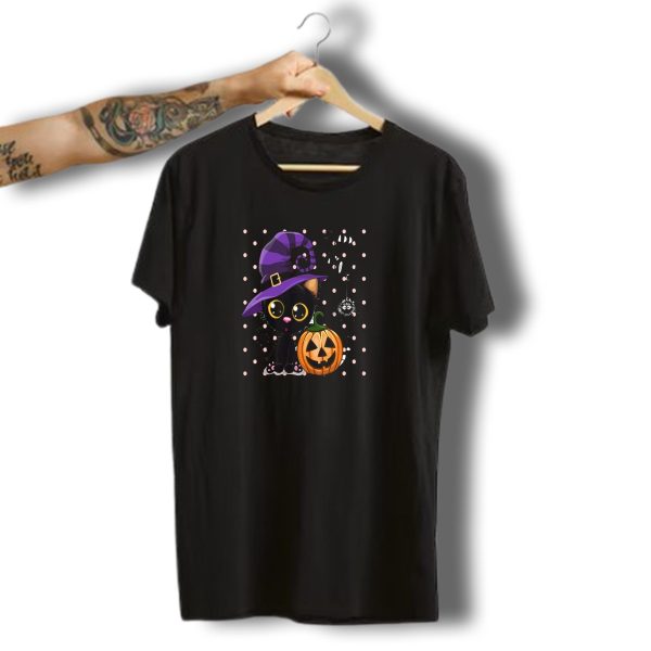 Happy Halloween Cat Purple Witch Hat Kitten Kitty Pumpkin T Shirt t shirt 1