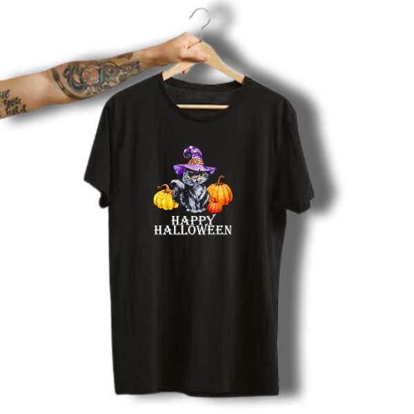 Happy Halloween Cat With Witch Hat And Pumpkins T Shirt t shirt 1