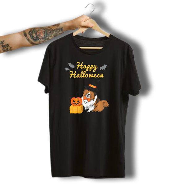 Happy Halloween Cute Sheltie With Witch Hat Pumpkins And Bats T Shirt t shirt 1