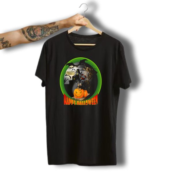 Happy Halloween Dachshund Puppy With Pumpkin And Haunted House Moon Ghost Bats T Shirt t shirt 1