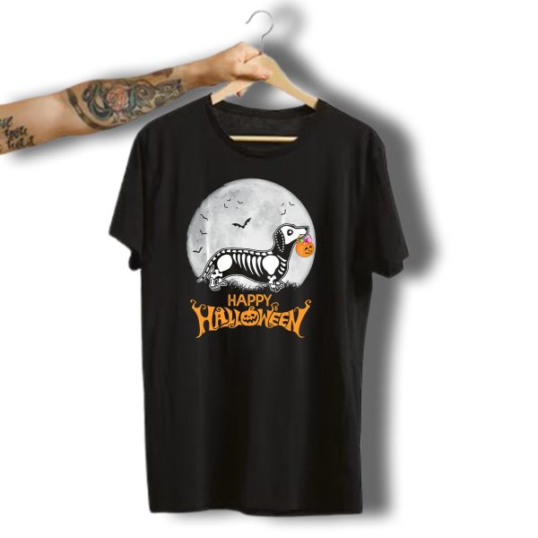 Happy Halloween Dachshund Skeleton With Pumpkin In Front Of Moon T Shirt t shirt 1