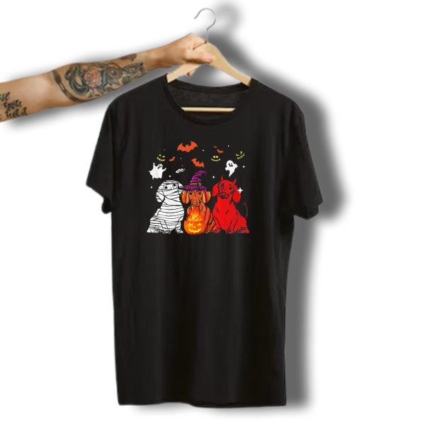 Happy Halloween Dachshund Trio With Ghosts And Pumpkin T Shirt t shirt 1