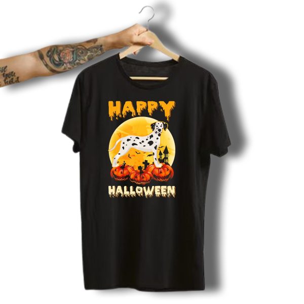 Happy Halloween Dalmatian Dog On Pumpkin Background With Scary Moon And Haunted House T Shirt t shirt 1