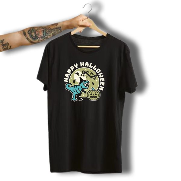 Happy Halloween Dinosaur With Pumpkin And Bats T Shirt t shirt 1