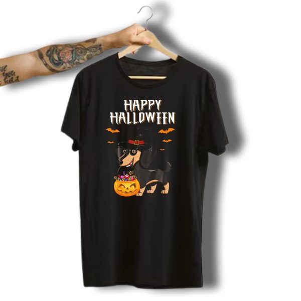Happy Halloween Funny Dachshund Witch Pumpkin T Shirt t shirt 1 1