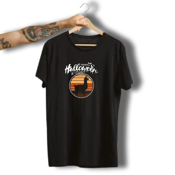 Happy Halloween Funny Llama With Sunset And Bats T Shirt t shirt 1