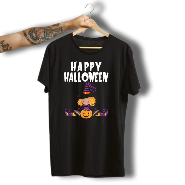 Happy Halloween Funny Yoga Blonde Witch Pose With Pumpkin And Striped Hat T Shirt t shirt 1 1