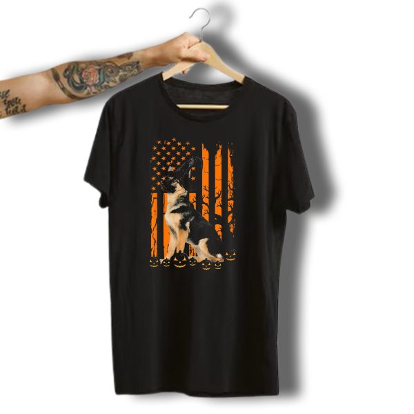 Happy Halloween German Shepherd Witch Hat Pumpkin American Flag T Shirt t shirt 1