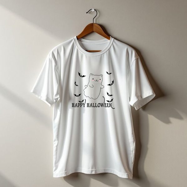 Happy Halloween Ghost Cat With Flying Bats T Shirt t shirt 1 1
