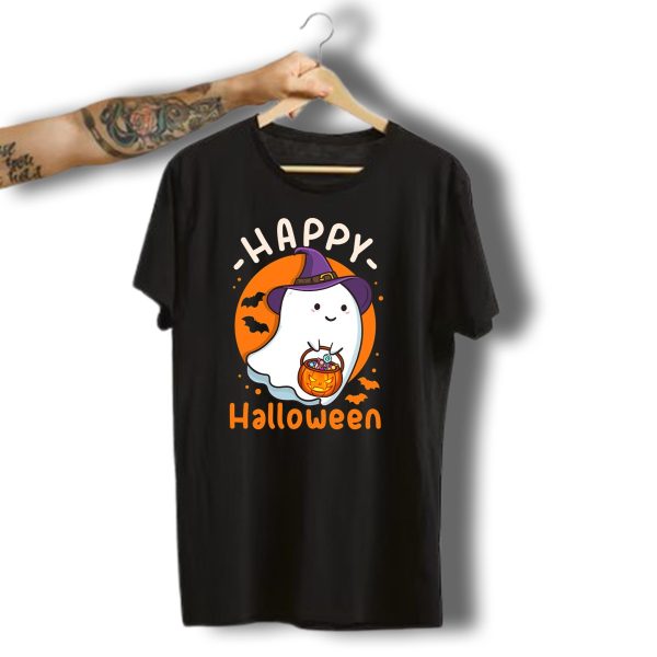Happy Halloween Ghost With Pumpkin And Witch Hat T Shirt t shirt 1